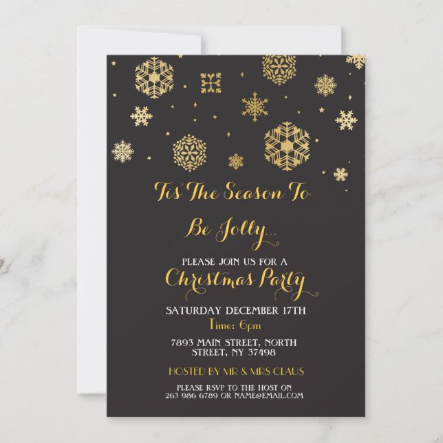 Christmas Dinner Party Gold Snow Flakes Invite (Front)