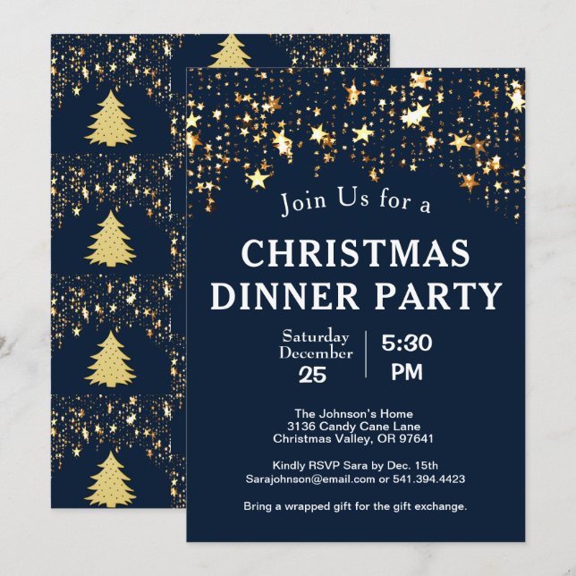 Christmas Dinner Party Gold Stars Trees Deep Blue Invitation (Front/Back)