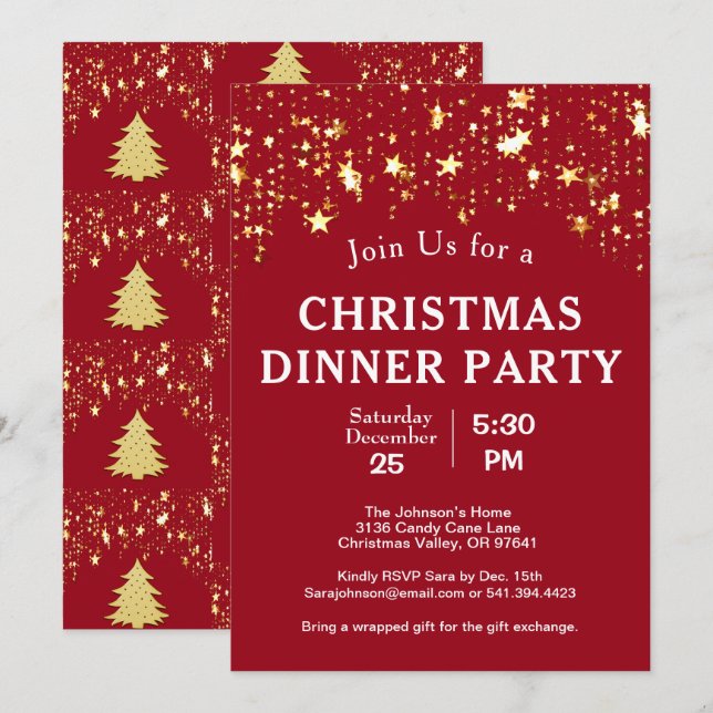 Christmas Dinner Party Gold Stars Trees Red Invitation (Front/Back)