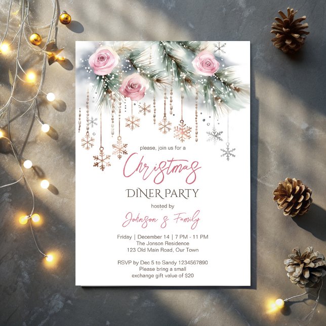 Christmas dinner party pastel pink rose gold invitation (Christmas dinner party pastel pink rose gold invitation template snowflakes pines Christmas party)