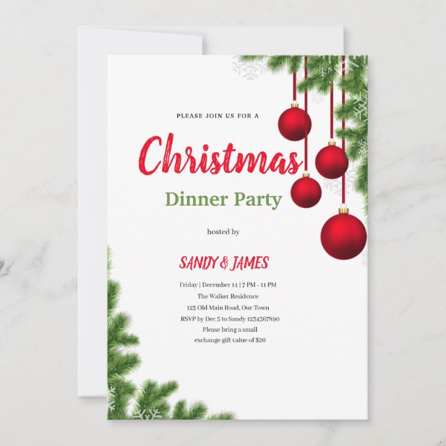 Christmas dinner party red green baubles invitatio invitation (Front)