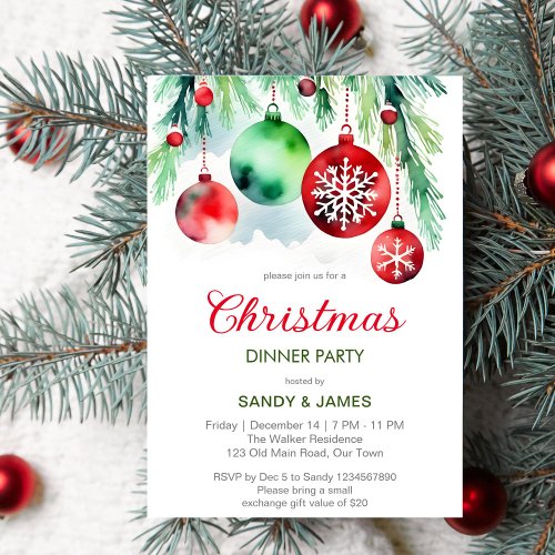 Christmas dinner party red green baubles invitation