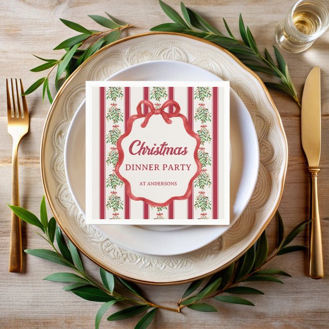 Christmas dinner party red retro stripes monogram napkins (Christmas dinner party red retro stripes monogrammed printed napkins personalized Christmas decor)