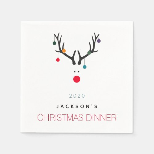 Christmas dinner party reindeer white red family napkins