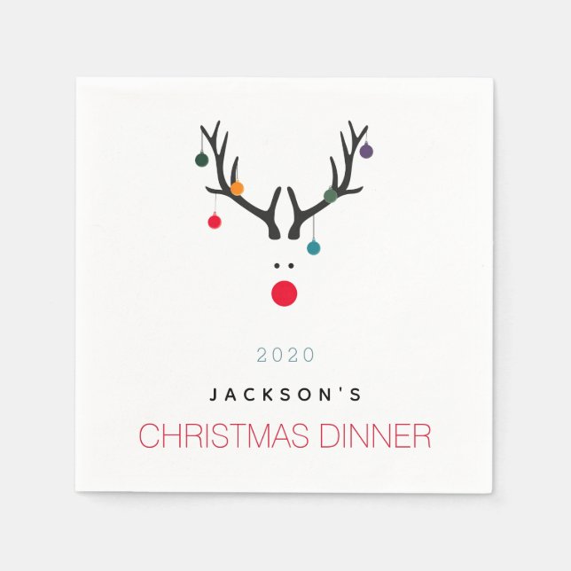 Christmas dinner party reindeer white red family napkins (Front)