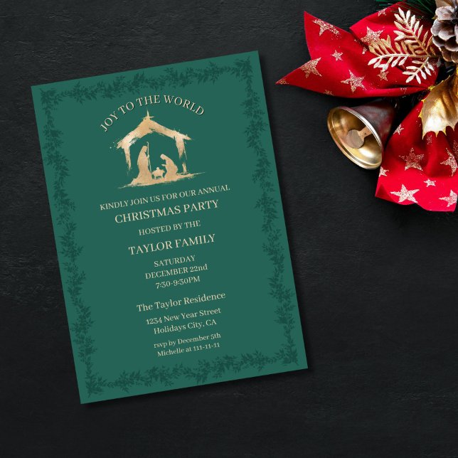 Christmas Dinner Party Religious Nativity Scene  Holiday Card (christmas gold foil nativity scene with a familiy photo in a mistletoe frame, green background)
