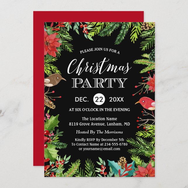 Christmas Dinner Party | Rustic Berries and Pines Invitation (Front/Back)
