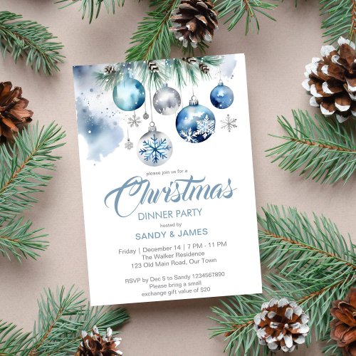 Christmas dinner party silver blue baubles invitation