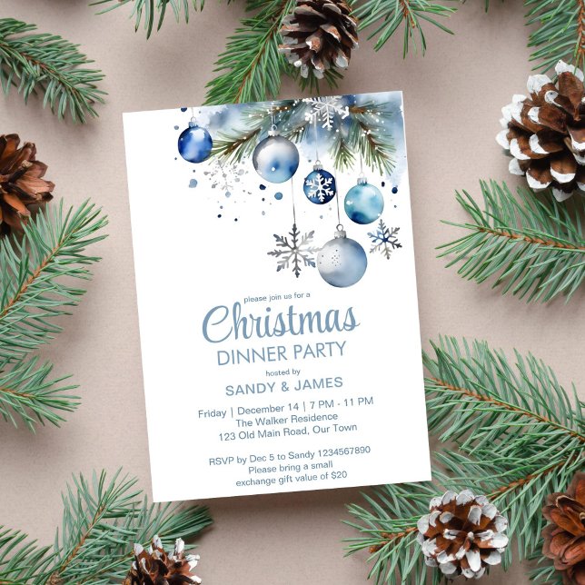 Christmas dinner party silver blue baubles invitation (Christmas dinner party template invitation digital download silver blue baubles snowflake watercolor)