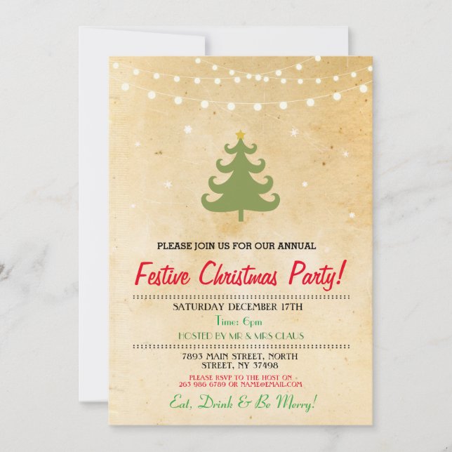 Christmas Dinner Party Tree Lights Stars Invite (Front)