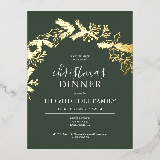 Christmas Dinner Pine Berry Leaves Green Foil Invitation Postcard (Front)