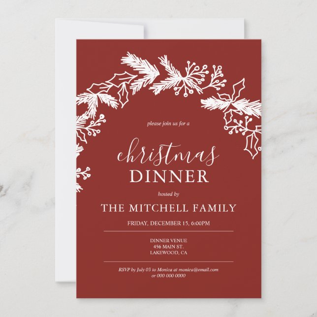 Christmas Dinner Pine Berry Wreath Red Invitation (Front)