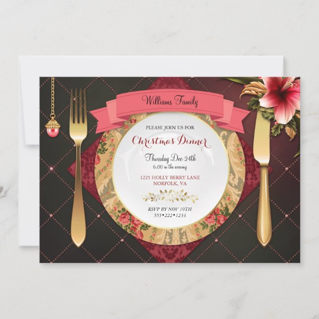 Christmas Dinner Place Setting Diamonds Amaryllis Invitation (Front)