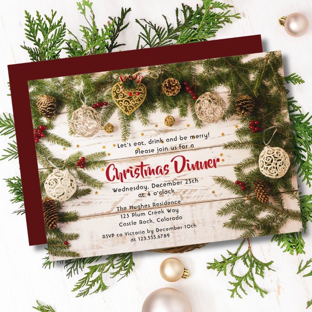 Christmas Dinner Rustic Pine Floral Invitation (Creator Uploaded)