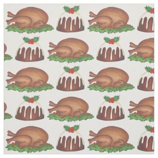 Christmas Dinner Turkey Plum Pudding Xmas Foods Fabric