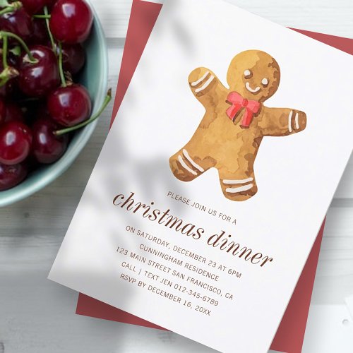 Christmas Dinner Watercolor Gingerbread Man Invitation