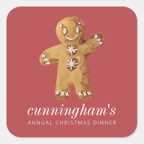 Christmas Dinner Watercolor Gingerbread Man Square Sticker