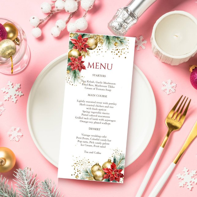 Christmas dinner watercolor red gold poinsettia menu (Christmas dinner party template menu card watercolor red  poinsettia gold baubles elegant menu card)