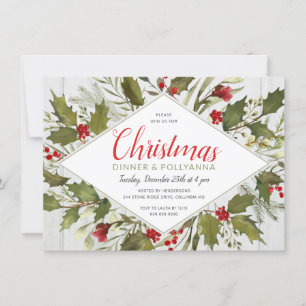 Christmas Dinner Watercolor Vintage Holly on Wood Invitation