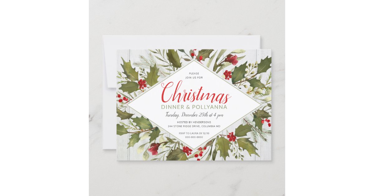 Christmas Dinner Watercolor Vintage Holly on Wood Invitation | Zazzle