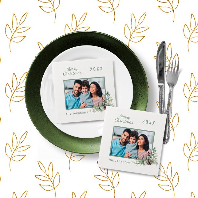 Christmas dinner white cone pine photo name napkins (Creator Uploaded)