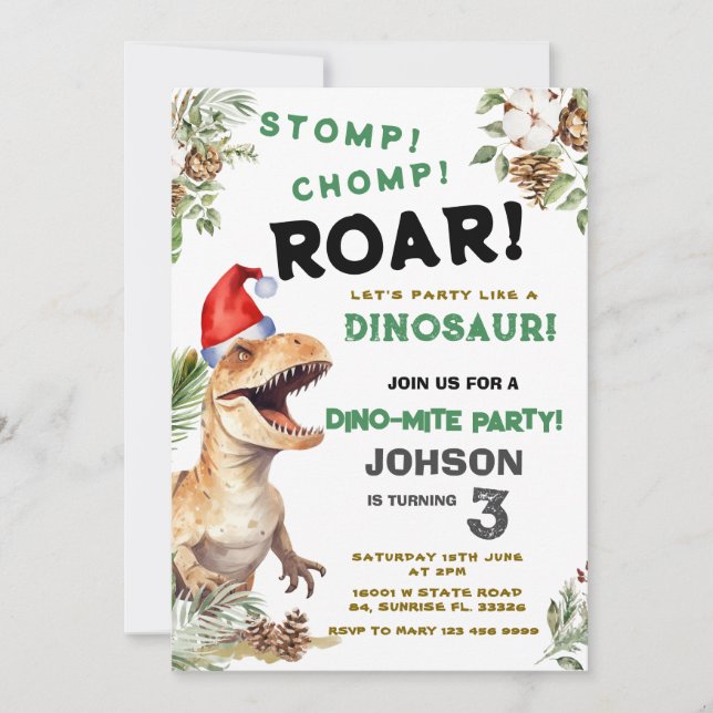 Christmas Dino Stomp Chomp Roar Birthday  Invitation (Front)