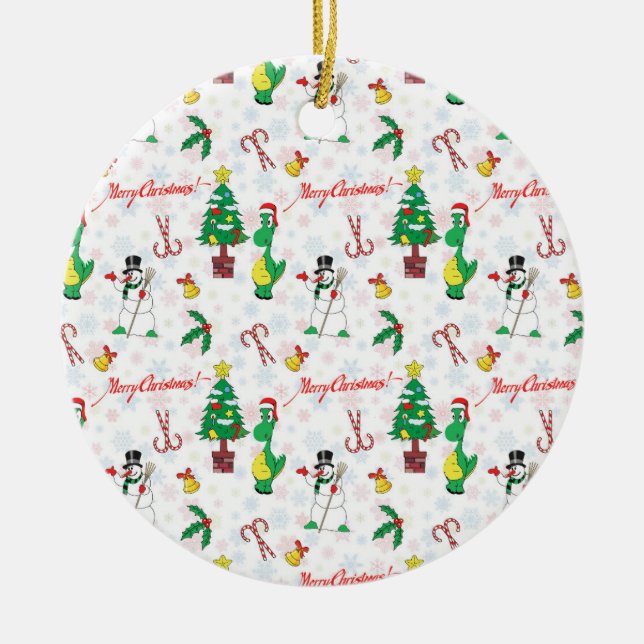 Christmas dinosaur and snowman ceramic ornament (Front)
