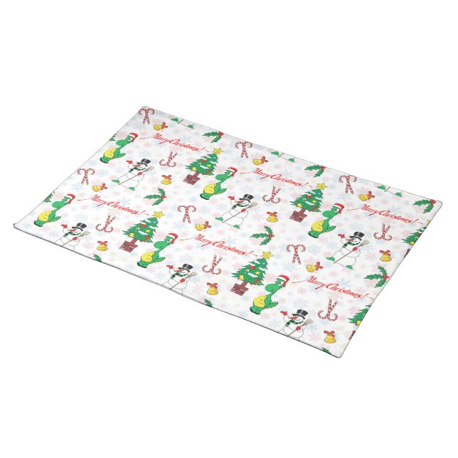 Christmas dinosaur and snowman cloth placemat (On Table)