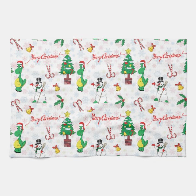 Christmas dinosaur and snowman kitchen towel (Horizontal)