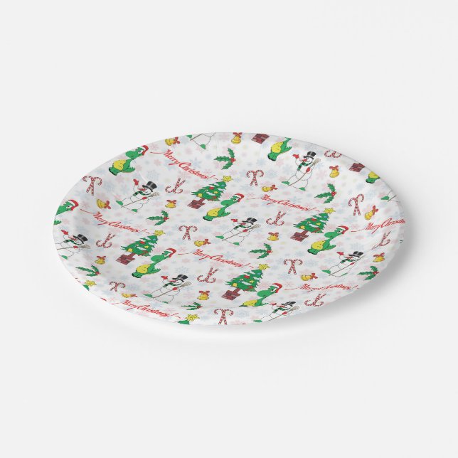 Christmas dinosaur and snowman paper plates (Angled)