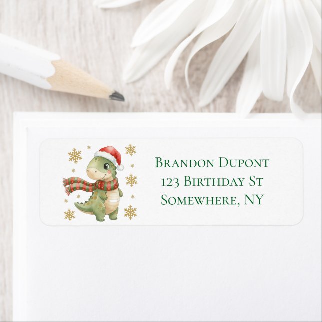 Christmas Dinosaur Birthday Party Address Label (Insitu)