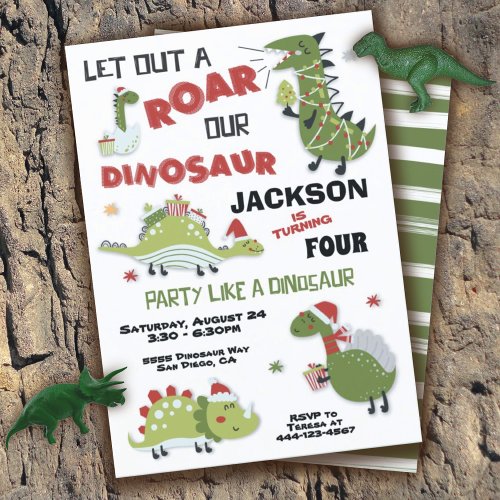 Christmas Dinosaur Birthday Party  Invitation