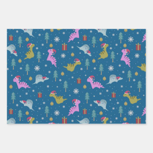 Christmas Dinosaur Blue Wrapping Paper Sheets