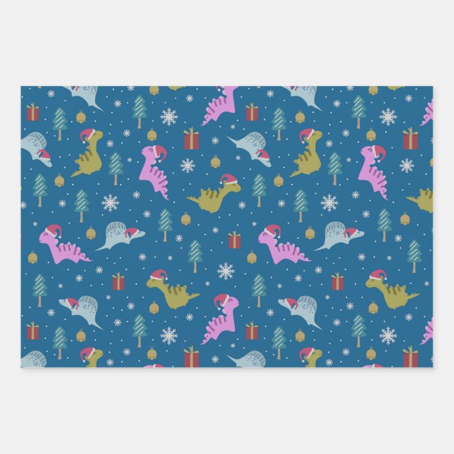 Christmas Dinosaur Blue Wrapping Paper Sheets (Front)