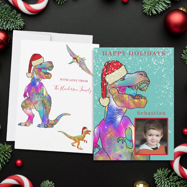 Christmas Dinosaur Boys Photo Holiday Card (Christmas dinosaur custom photo family holiday greetings card)