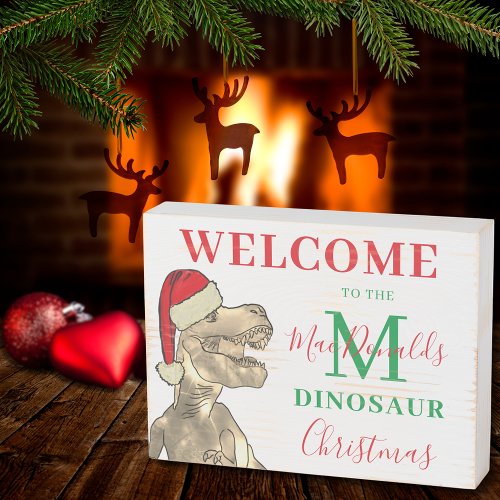 Christmas Dinosaur Family Welcome Wooden Box Sign