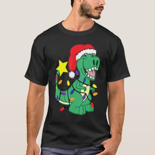 Christmas Dinosaur In Tangled Xmas Lights Tree Rex T_Shirt