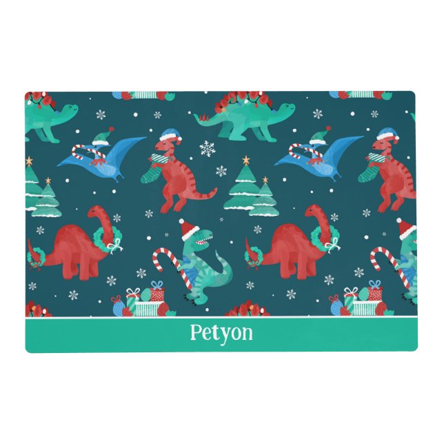 Christmas Dinosaur Kids Fun Holiday Personalized Placemat (Front)