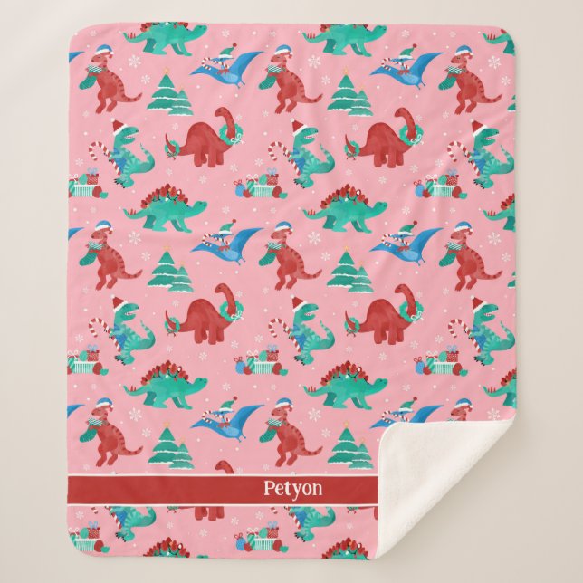 Christmas Dinosaur Kids Fun Holiday Personalized Sherpa Blanket (Front)