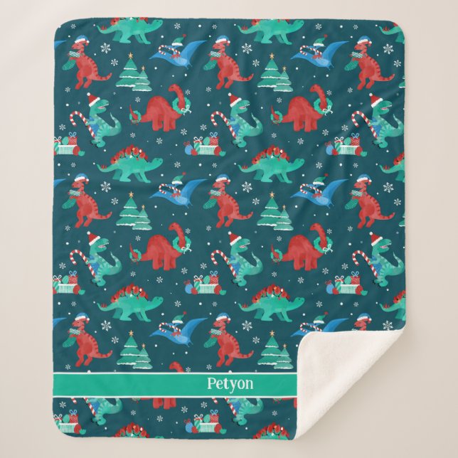 Christmas Dinosaur Kids Fun Holiday Personalized Sherpa Blanket (Front)