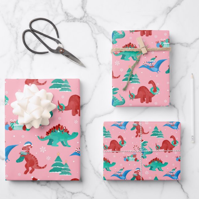 Christmas Dinosaur Kids Fun Winter Holiday Wrapping Paper Sheets (Front)