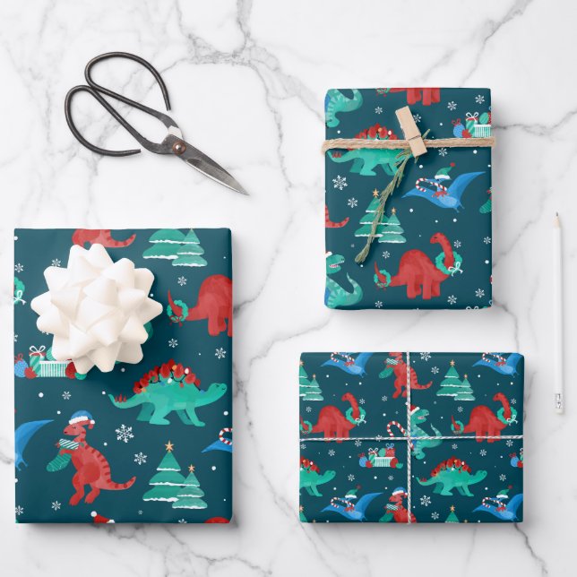 Christmas Dinosaur Kids Fun Winter Holiday Wrapping Paper Sheets (Front)