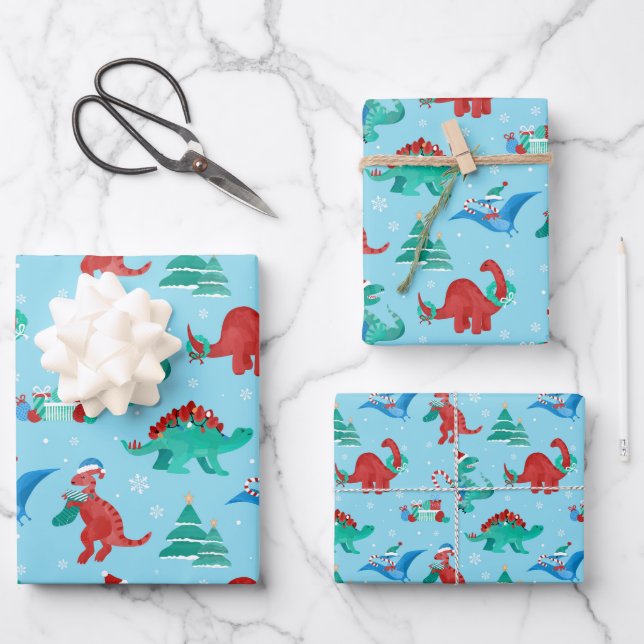 Christmas Dinosaur Kids Fun Winter Holiday Wrapping Paper Sheets (Front)