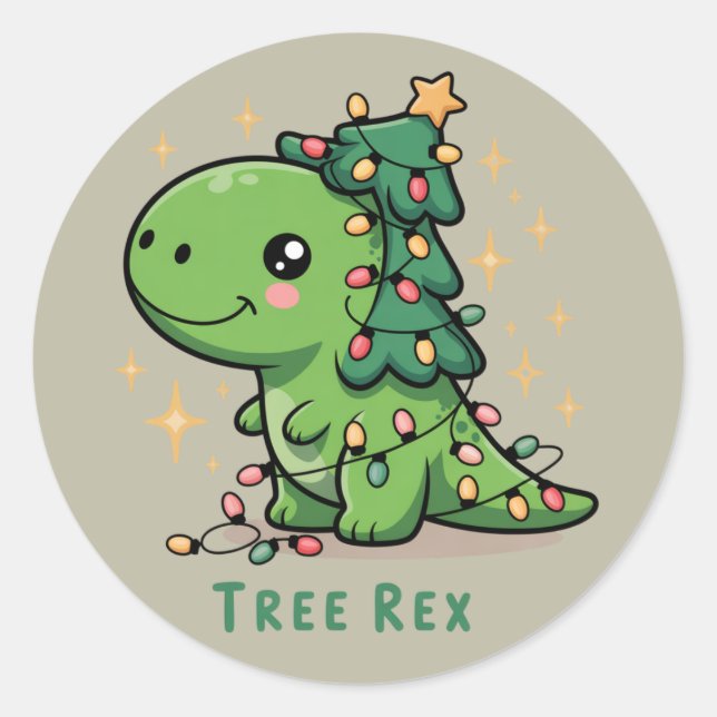 Christmas Dinosaur Light Party Funny Tree Rex  Classic Round Sticker (Front)