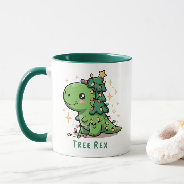 Christmas Dinosaur Light Party Funny Tree Rex  Mug (With Donut)
