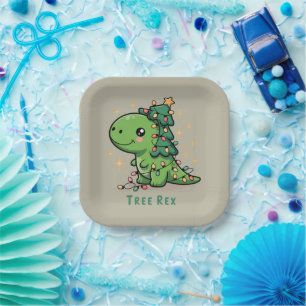 Christmas Dinosaur Light Party Funny Tree Rex Paper Plates