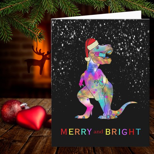 Christmas Dinosaur Merry and Bright Santa Holiday Card