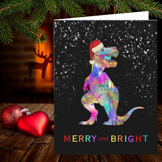Christmas Dinosaur Merry and Bright Santa Holiday Card (Dinosaur Christmas T-Rex merry and bright fun holiday greetings card)