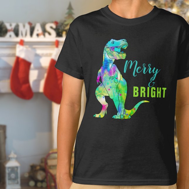 Christmas Dinosaur Merry & Bright T-Rex Quote T-Shirt (Merry & Bright christmas dinosaur T-Rex kids T-Shirt)