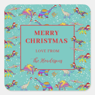 Christmas Dinosaur Pattern add Family Name Square Sticker